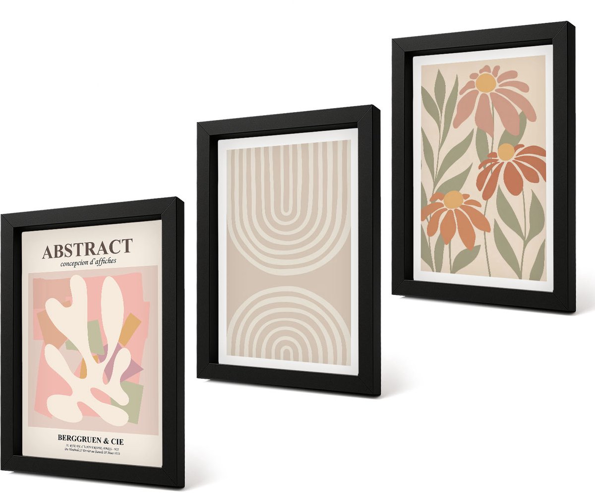 Coloray 4-Delige Schilderij Set - Abstracte vormen met plantmotieven in pastelkleuren. - 20 x 30 cm - Decoratieve Schilderijen - Woonkamer - Interieur - Wanddecoratie