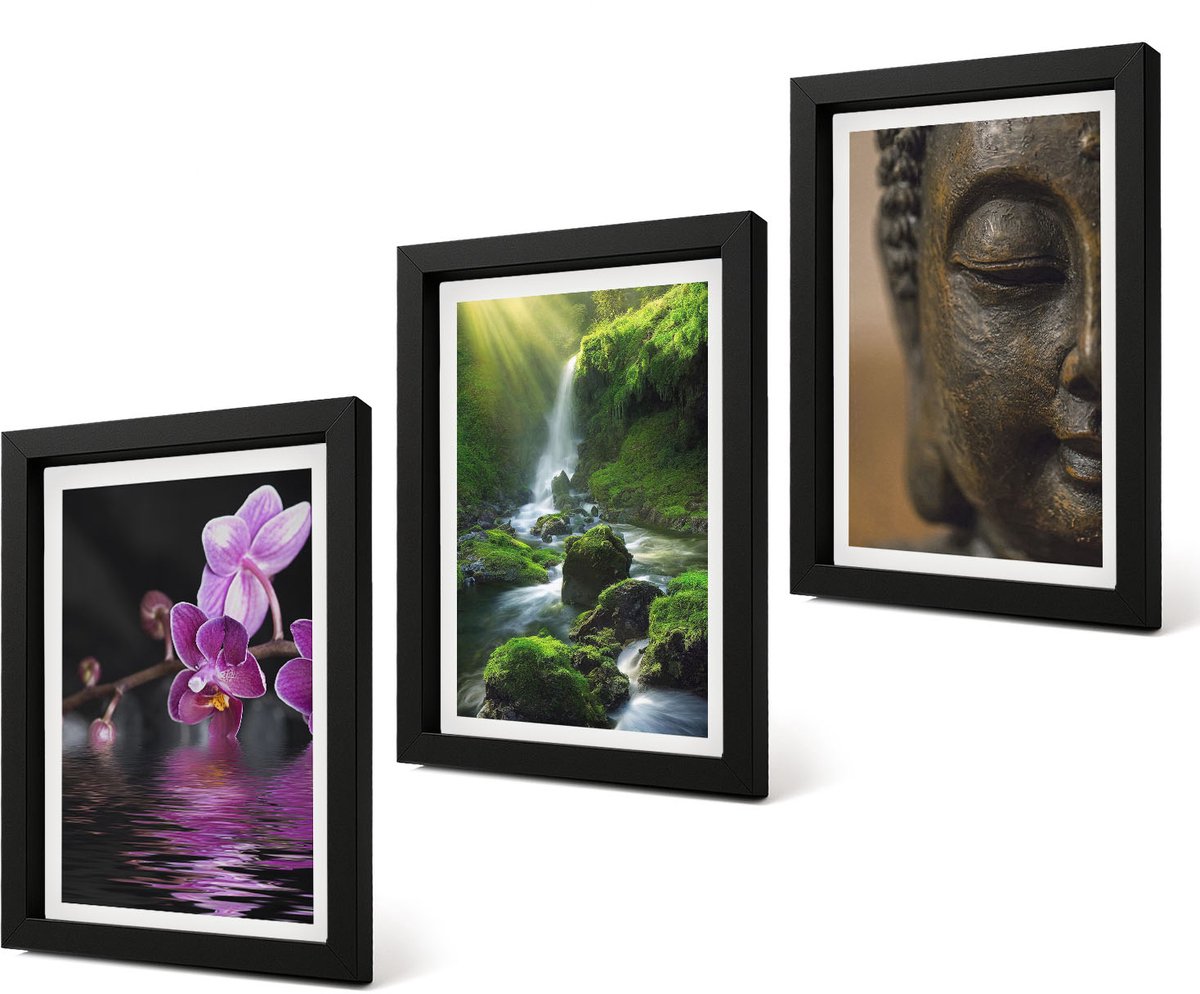 Coloray 4-Delige Schilderij Set - Bloemen in het water, waterval met groene rotsen, Boeddha - 20 x 30 cm - Stijlvolle Muurdecoratie - Slaapkamer - Wanddecoratie
