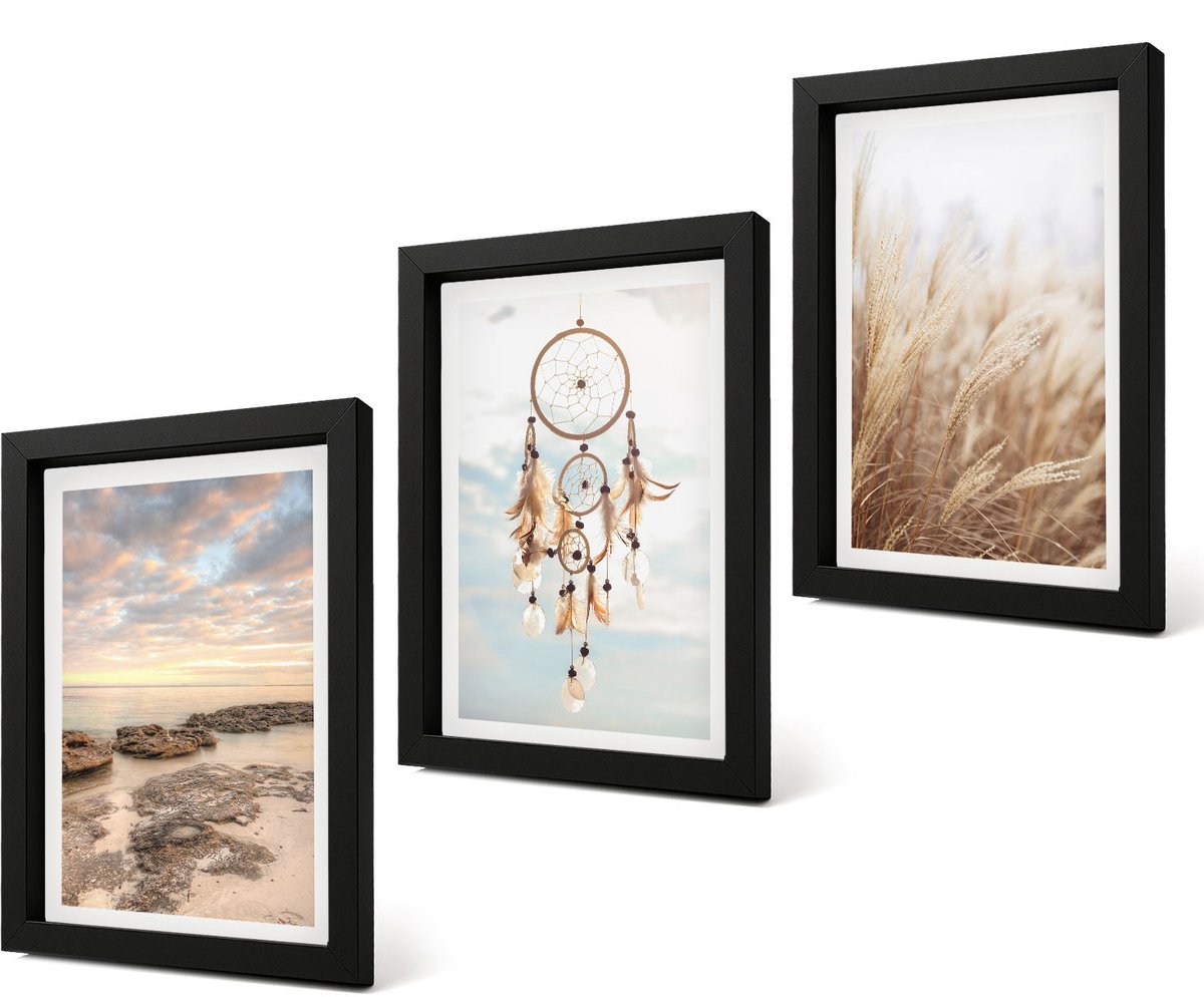 Coloray 4-Delige Schilderij Set - Zeezicht met wolken, dromenvanger en gras - 20 x 30 cm - Muurdecoratie - Decoratieve Schilderijen - Wohnzimmer