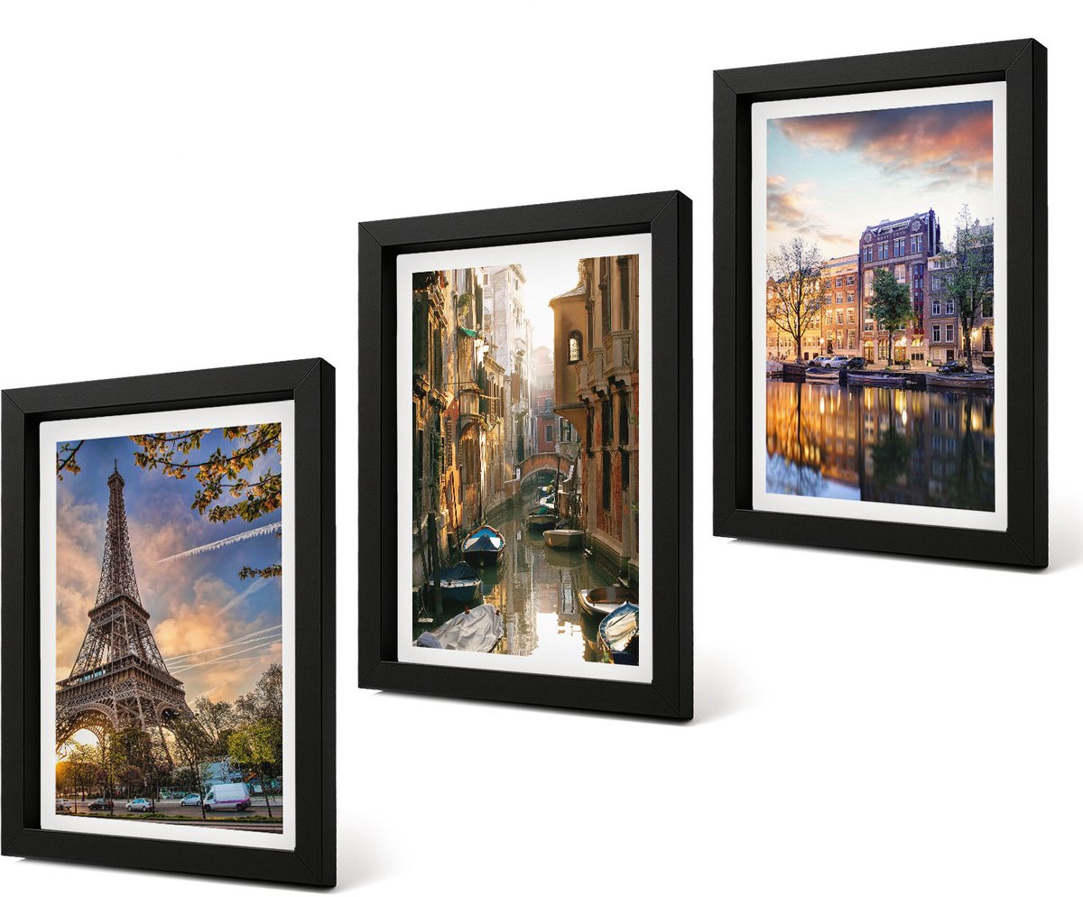 Coloray 4-Delige Schilderij Set - De Eiffeltoren, de grachten van Venetië en de straten van Amsterdam. - 20 x 30 cm - Stijlvolle Muurdecoratie - Kantoor - Moderne Wanddecoratie Zwarte lijst