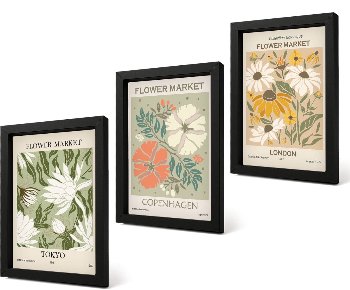 Coloray 4-Delige Schilderij Set - Bloemmotieven uit verschillende steden over de hele wereld - 20 x 30 cm - Wanddecoratie - Woonkamer Decoratie - Stijlvolle Muurdecoratie