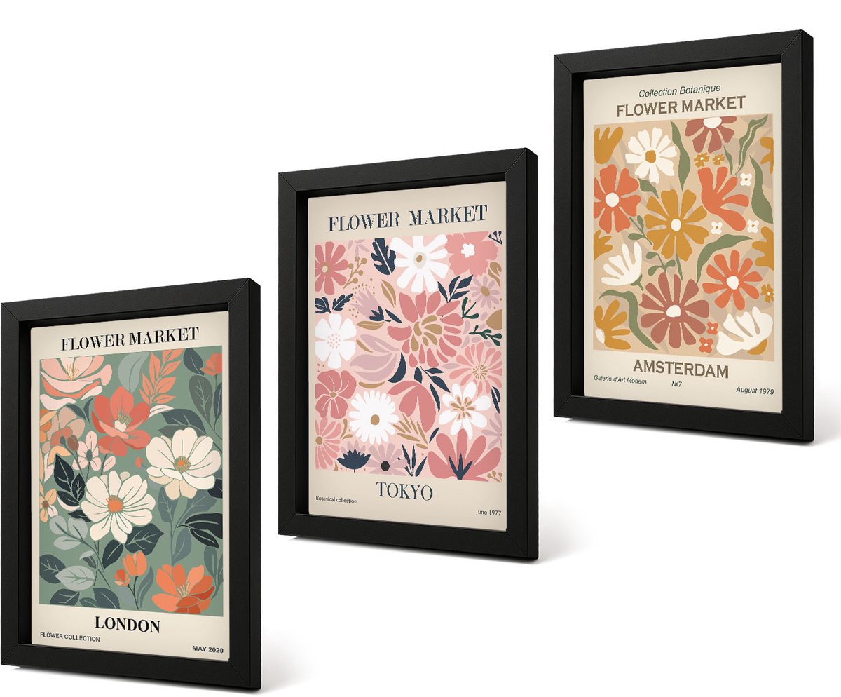 Coloray 4-Delige Schilderij Set - Posters met bloemenpatronen uit Londen, Tokio en Amsterdam - 20 x 30 cm - Wanddecoratie - Moderne Interieurdecoratie - Muurdecoratie