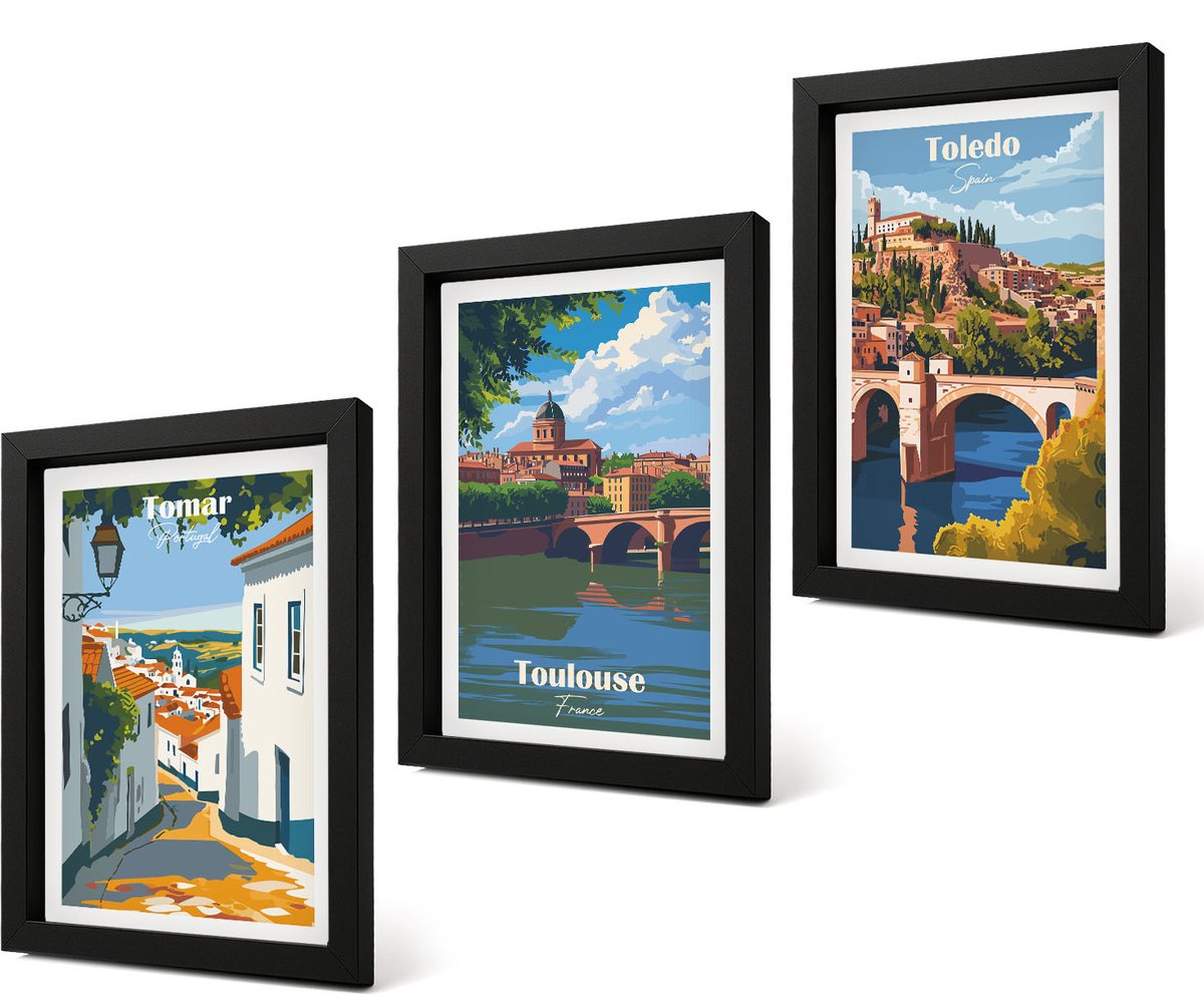Coloray 4-Delige Schilderij Set - Grafische afbeeldingen van beroemde steden in retrostijl - 20 x 30 cm - Moderne Wanddecoratie - Slaapkamer - Stijlvolle Muurdecoratie