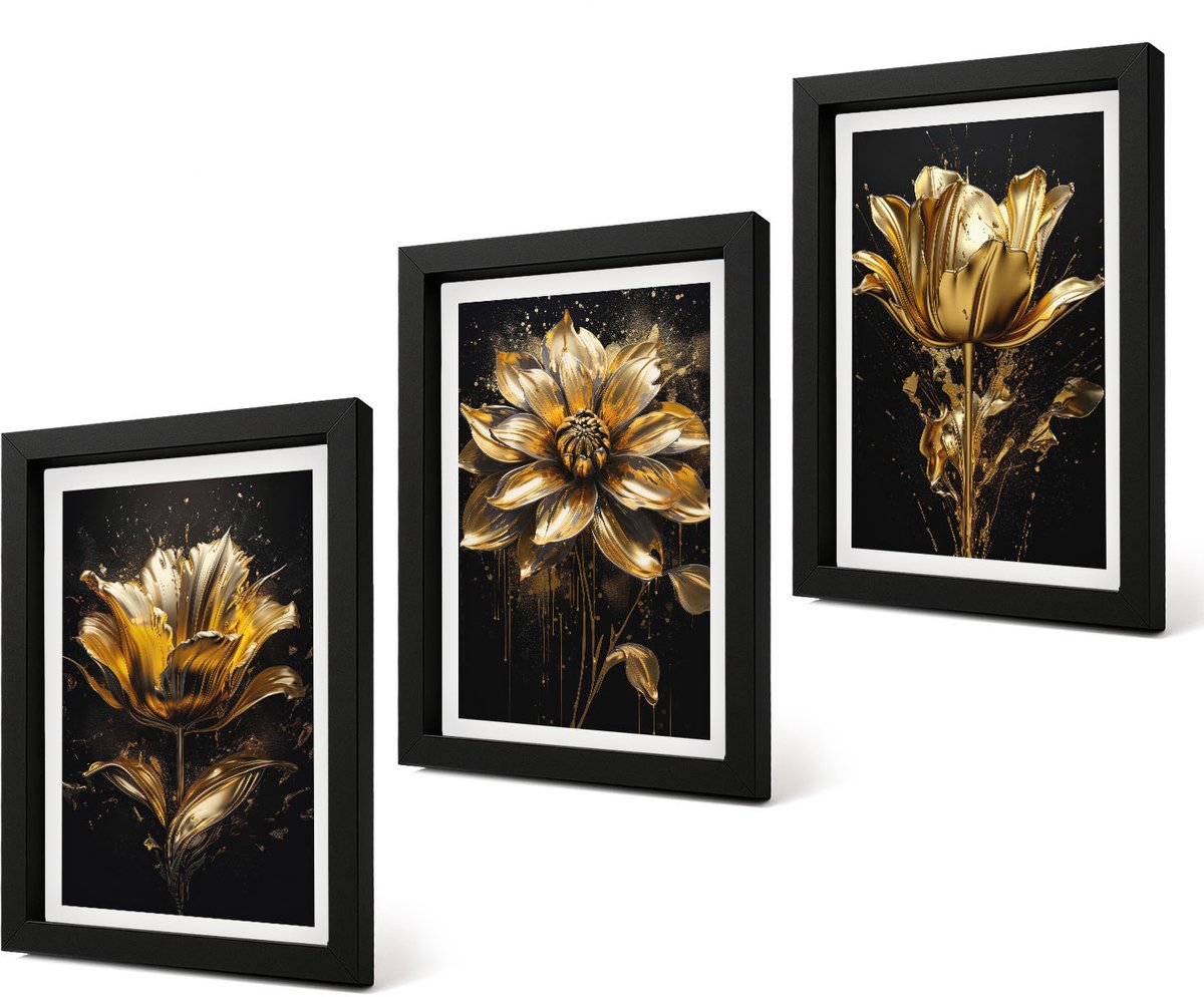 Coloray 4-Delige Schilderij Set - Bloemen in verschillende tinten geel op een donkere achtergrond - 20 x 30 cm - Muurdecoratie - Interieur Decoratie - Decoratieve Schilderijen