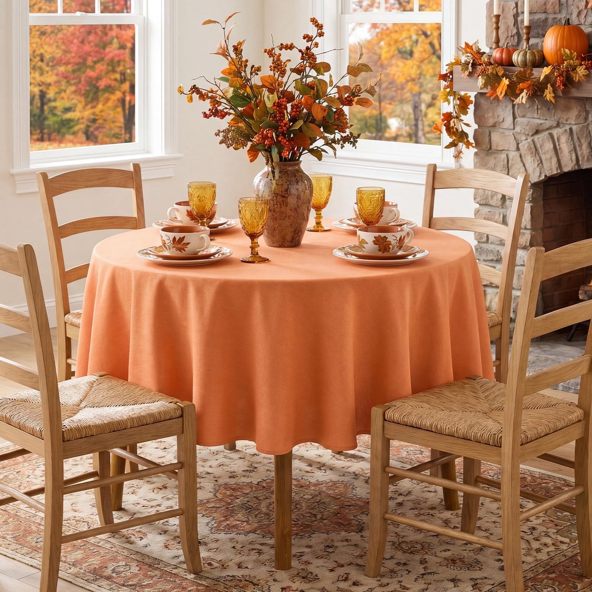 FIBORIA Oranje groot rond tafelkleed, herfst, diameter 180 cm, linnenlook, afwasbaar, waterafstotend, afwasbaar - ShopVlot