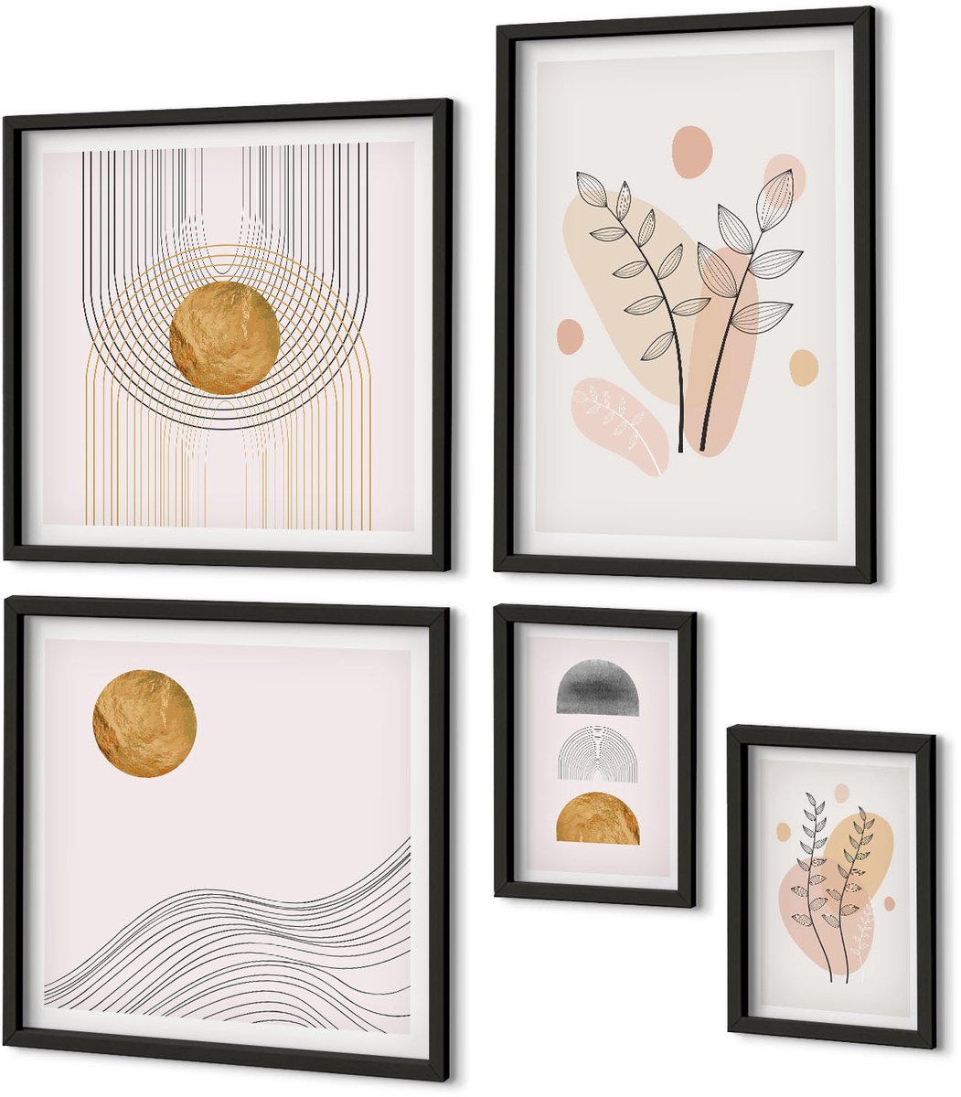 Coloray 5-Delige Schilderij Set - Stijlvolle Decoraties In Een Minimalistisch Design Met Planten. - 50 x 50 cm, 20 x 30 cm En 40 x 60 cm - Wanddecoratie - Muurdecoratie - Woonkamer - Woonkamer Decoratie