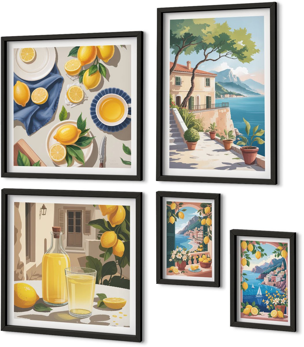 Coloray 5-Delige Schilderij Set - Citroenen Met Uitzicht Op Pittoreske Landschappen - 50 x 50 cm, 20 x 30 cm En 40 x 60 cm - Decoratieve Schilderijen - Woonkamer - Interieur Zwarte lijst