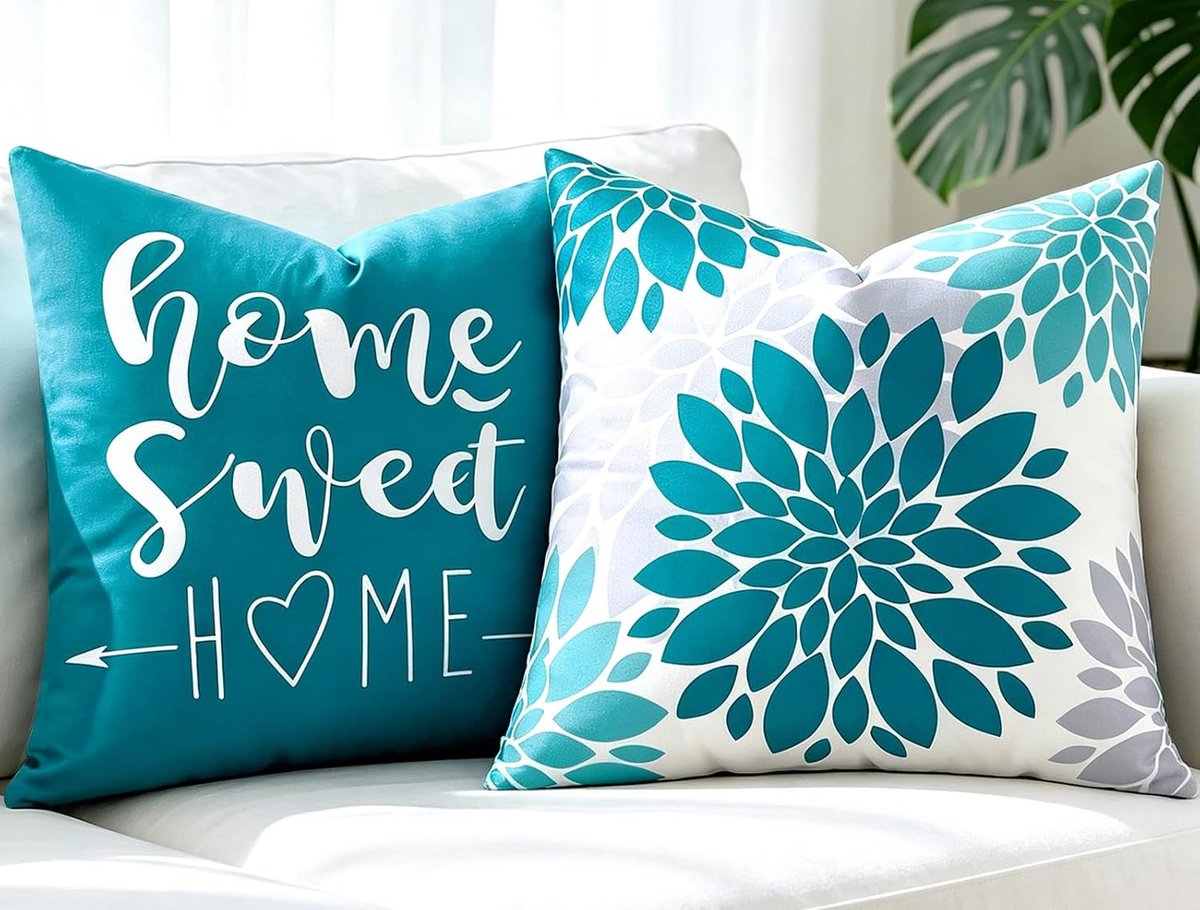 Kussenhoezen voor bank, 45 x 45 cm, lichtblauw, dahlia-bloem en belettering, set van 2 decoratieve kussenovertrekken - ShopVlot