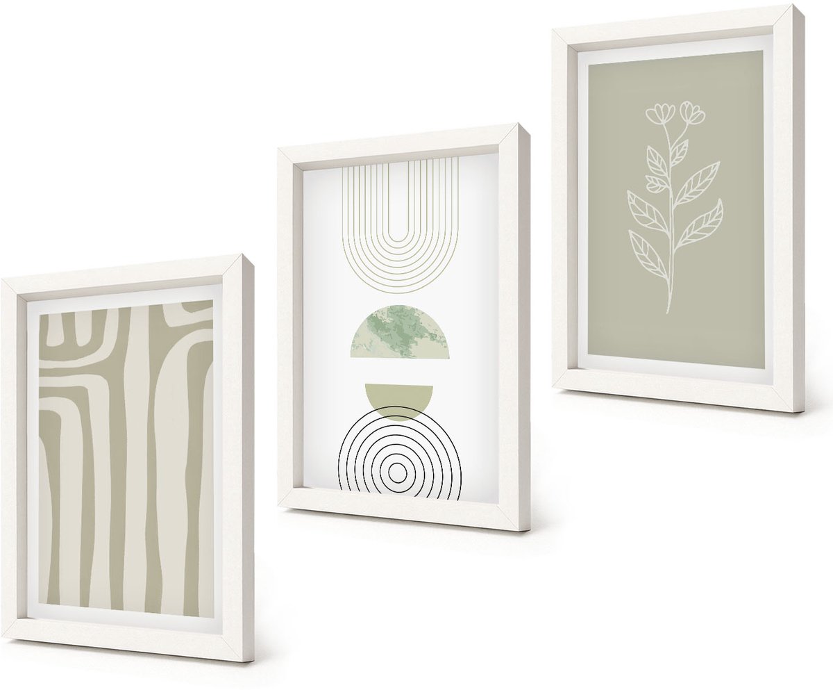 Coloray 3-Delige Schilderij Set - Geometrische patronen met plantenaccenten in groene tinten. - 20x30 - Wanddecoratie - Woonkamer Decoratie - Stijlvolle Muurdecoratie