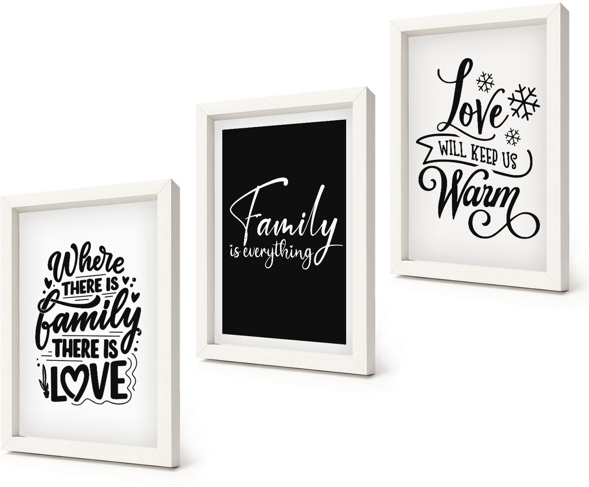 Coloray 3-Delige Schilderij Set - Familie, liefde, warmte, thuis, inspirerende citaten - 20x30 - Wanddecoratie - Woonkamer Decoratie - Moderne Wanddecoratie