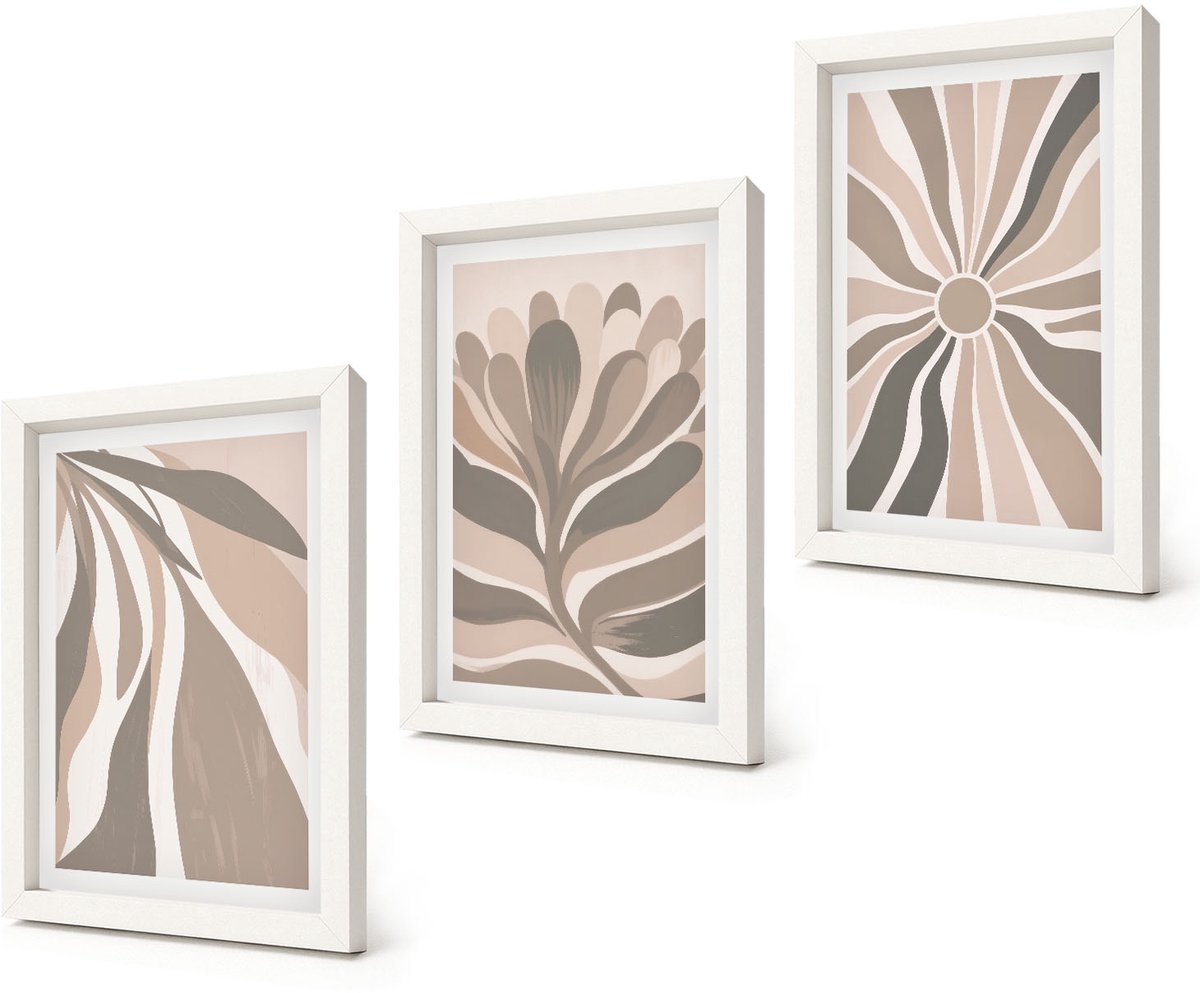 Coloray 3-Delige Schilderij Set - Abstracte plantpatronen in beige en bruine tinten. - 20x30 - Wanddecoratie - Muurdecoratie - Moderne Interieurdecoratie