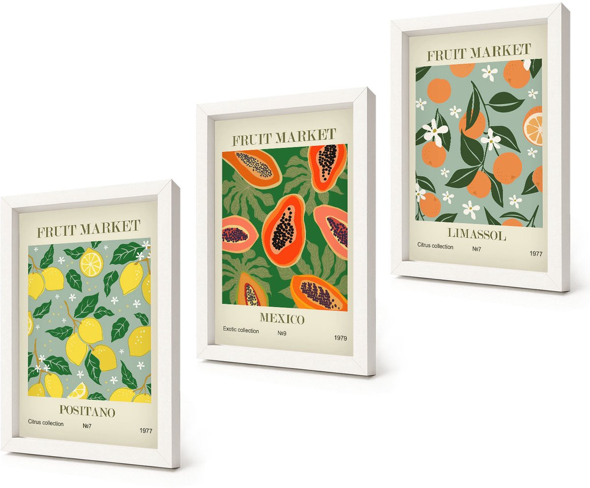 Coloray 3-Delige Schilderij Set - Fruitposters Citroenen Papaja's Mandarijnen Bloemen - 20x30 - Decoratieve Schilderijen - Wanddecoratie - Hal - Interieur Decoratie