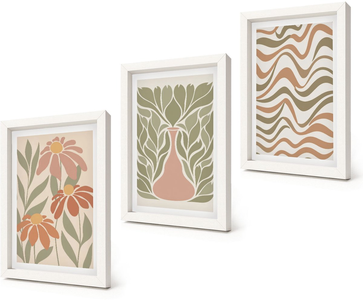 Coloray 3-Delige Schilderij Set - Pastelkleurige bloemenillustraties met golvende abstracte lijnen - 20x30 - Stijlvolle Muurdecoratie - Kantoor - Decoratieve Schilderijen