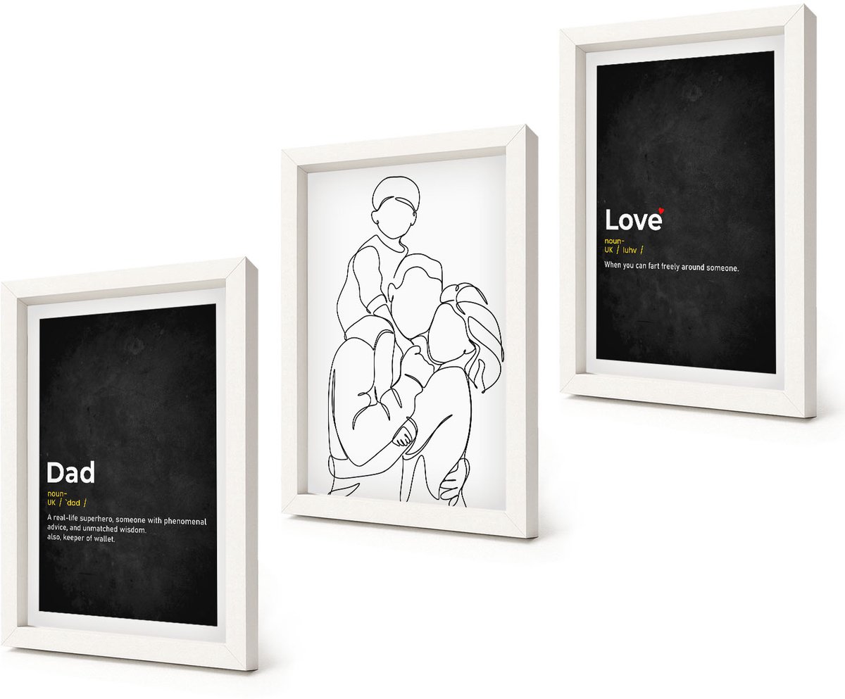 Coloray 3-Delige Schilderij Set - Familielijnkunst met definities van liefde en vaderschap. - 20x30 - Decoratieve Schilderijen - Woonkamer - Interieur - Woonkamer Decoratie