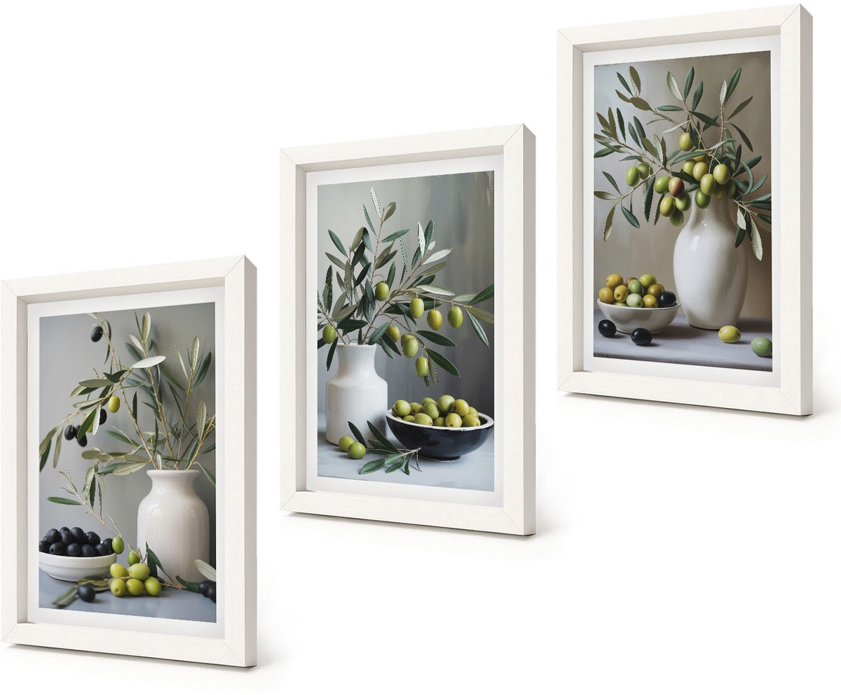 Coloray 3-Delige Schilderij Set - Olijven in vazen ​​met takken op een grijze achtergrond - 20x30 - Stijlvolle Muurdecoratie - Kantoor - Moderne Wanddecoratie
