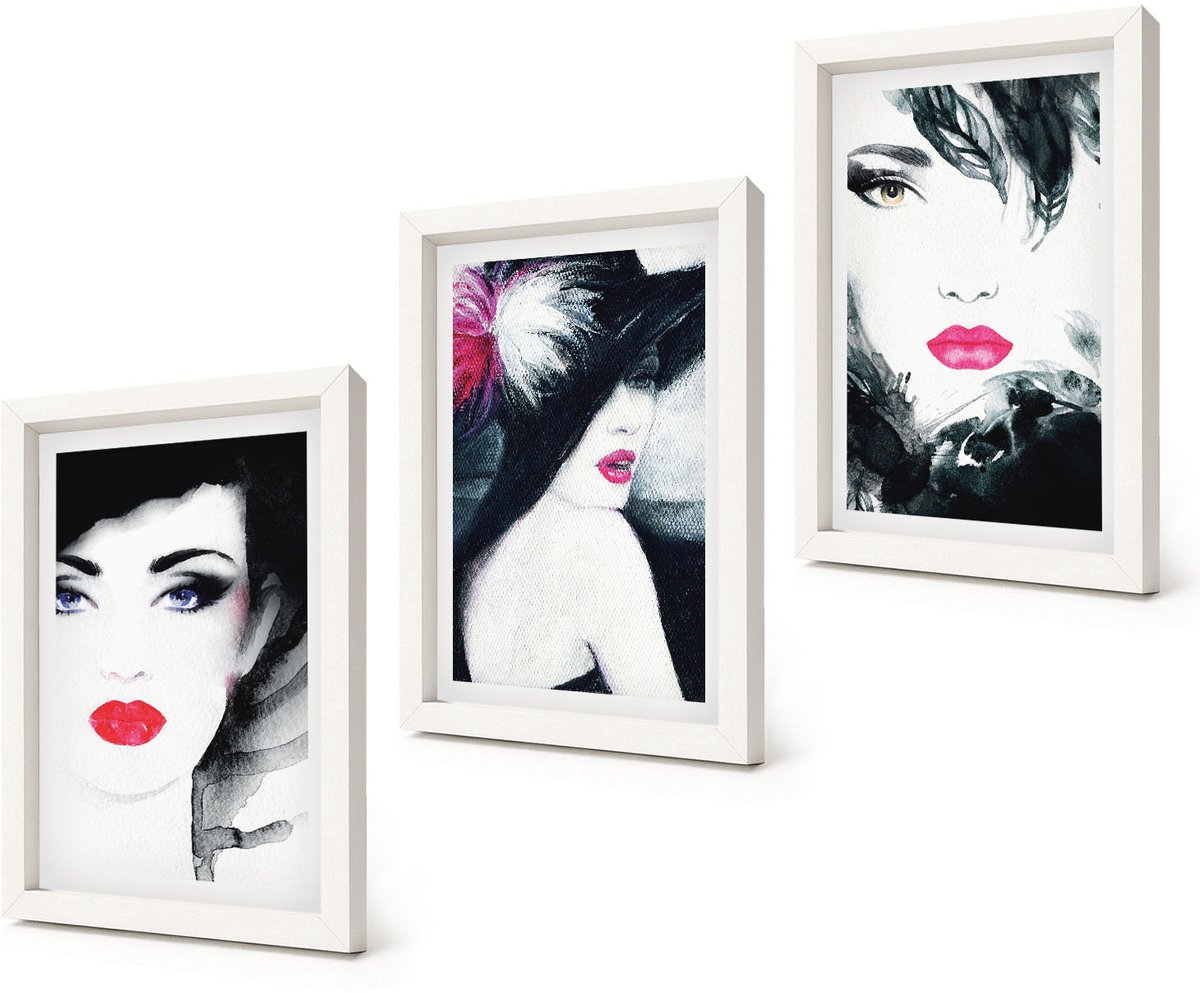 Coloray 3-Delige Schilderij Set - Geschilderde portretten van vrouwen met expressieve lippen - 20x30 - Wanddecoratie - Muurdecoratie - Moderne Interieurdecoratie
