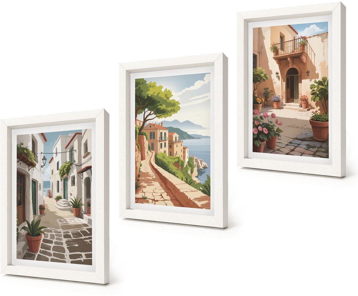 Coloray 3-Delige Schilderij Set - Schilderachtige straatjes met huizen en potplanten. - 20x30 - Wanddecoratie - Moderne Interieurdecoratie - Woonkamer Decoratie
