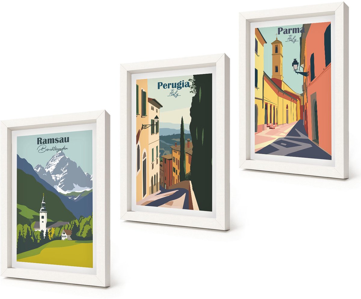 Coloray 3-Delige Schilderij Set - Berglandschappen en straten van Italiaanse steden - 20x30 - Muurdecoratie - Decoratieve Schilderijen - Wohnzimmer - Woonkamer Decoratie