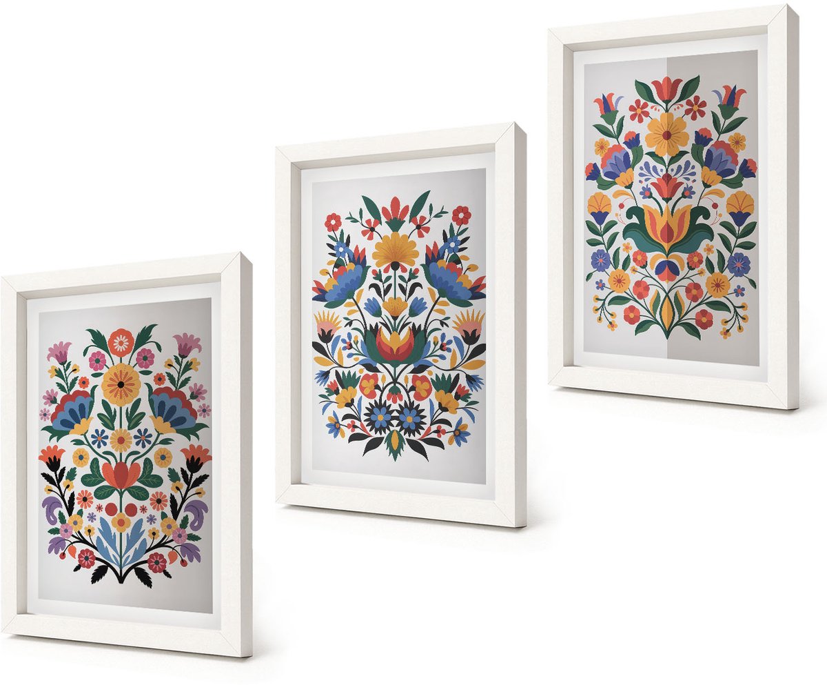Coloray 3-Delige Schilderij Set - Bloemmotieven in intense kleuren op een witte achtergrond. - 20x30 - Wanddecoratie - Moderne Interieurdecoratie - Stijlvolle Muurdecoratie