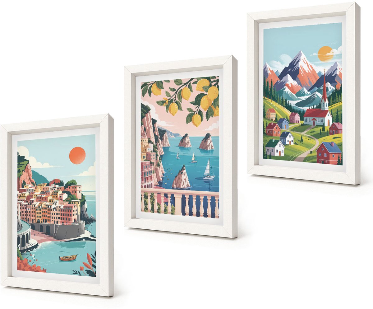 Coloray 3-Delige Schilderij Set - Kleurrijke berglandschappen en kuststeden - 20x30 - Muurdecoratie - Schilderijen Set - Woonkamer