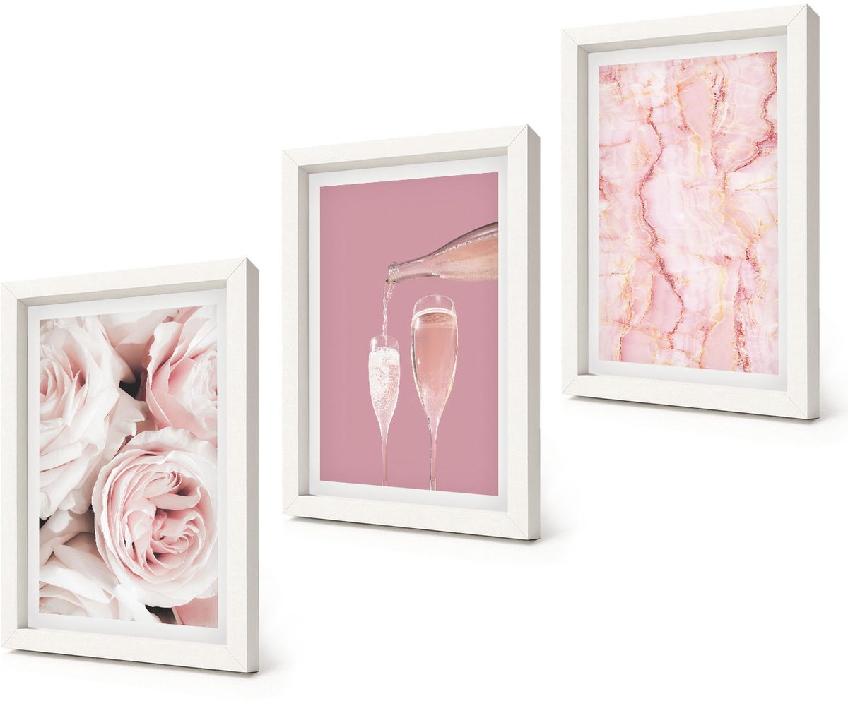 Coloray 3-Delige Schilderij Set - Champagnekleurige rozen en een pastelkleurige marmeren achtergrond - 20x30 - Muurdecoratie - Wanddecoratie - Slaapkamer - Moderne Wanddecoratie