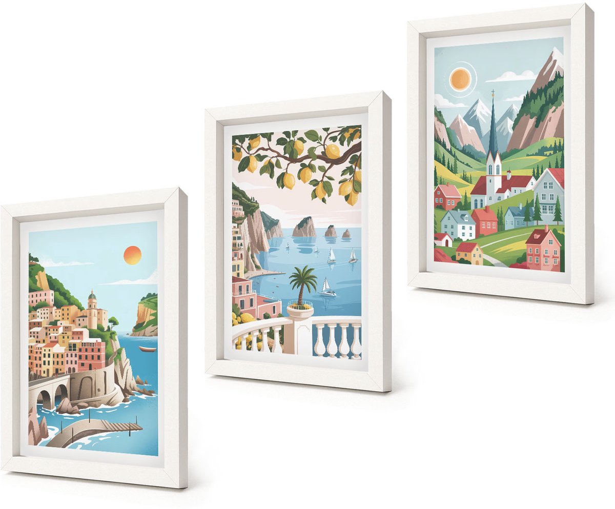 Coloray 3-Delige Schilderij Set - Schilderachtige landschappen met zee en citrusvruchten - 20x30 - Decoratieve Schilderijen - Woonkamer - Interieur