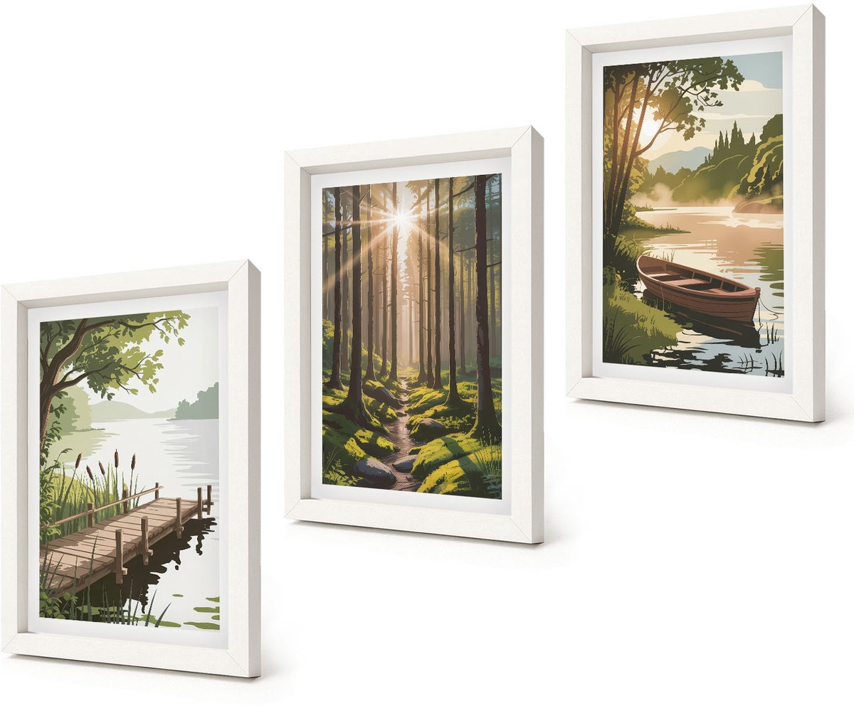 Coloray 3-Delige Schilderij Set - Rustige landschappen van bos en meer met een boot - 20x30 - Muurdecoratie - Decoratieve Schilderijen - Wohnzimmer - Interieur Decoratie