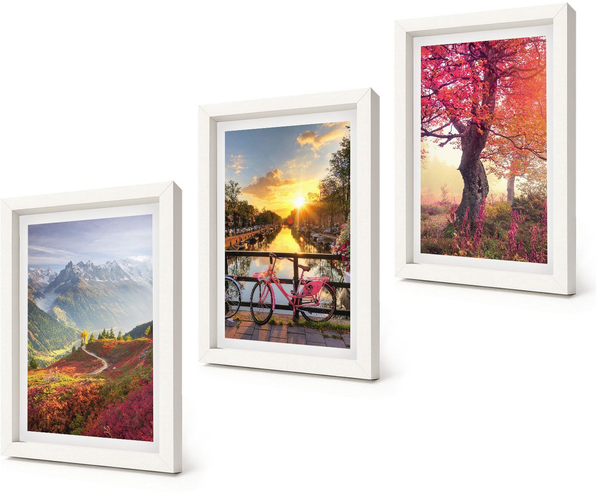 Coloray 3-Delige Schilderij Set - Berglandschappen met een fiets en een herfstboom - 20x30 - Decoratieve Schilderijen - Wanddecoratie - Hal - Moderne Wanddecoratie