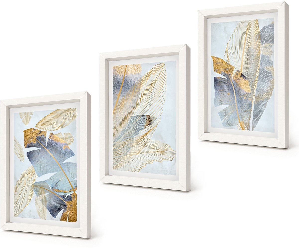 Coloray 3-Delige Schilderij Set - Bladeren in blauwe en beige tinten op een lichte achtergrond. - 20x30 - Decoratieve Schilderijen - Woonkamer - Interieur - Wanddecoratie