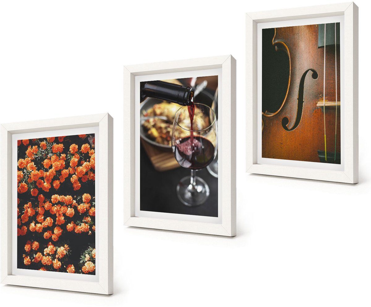 Coloray 3-Delige Schilderij Set - Vintage romantische bloemen, wijn en viool - 20x30 - Muurdecoratie - Schilderijen Set - Woonkamer - Interieur Decoratie
