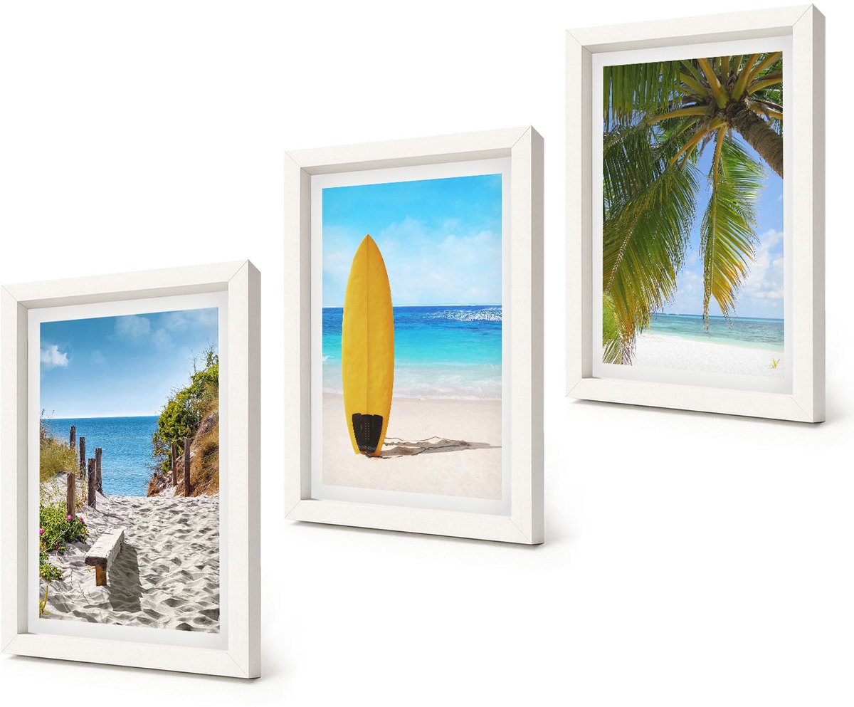 Coloray 3-Delige Schilderij Set - Vakantiegezichten, strandgolven en palmbomen in de tropen - 20x30 - Wanddecoratie - Schilderijen Set - Interieur