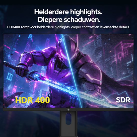 Monitor met HDR400, toont een futuristische krijger met een gloeiend zwaard tegen een stad in de schemering.