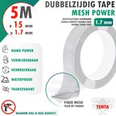 5 meter x 15 mm x 1.7 mm dubbelzijdig 'Mesh Power' tape. Kenmerken: Nano Power, verwijderbaar, herbruikbaar, waterdicht, transparant. Close-up toont fiber mesh dat met de hand te scheuren is.