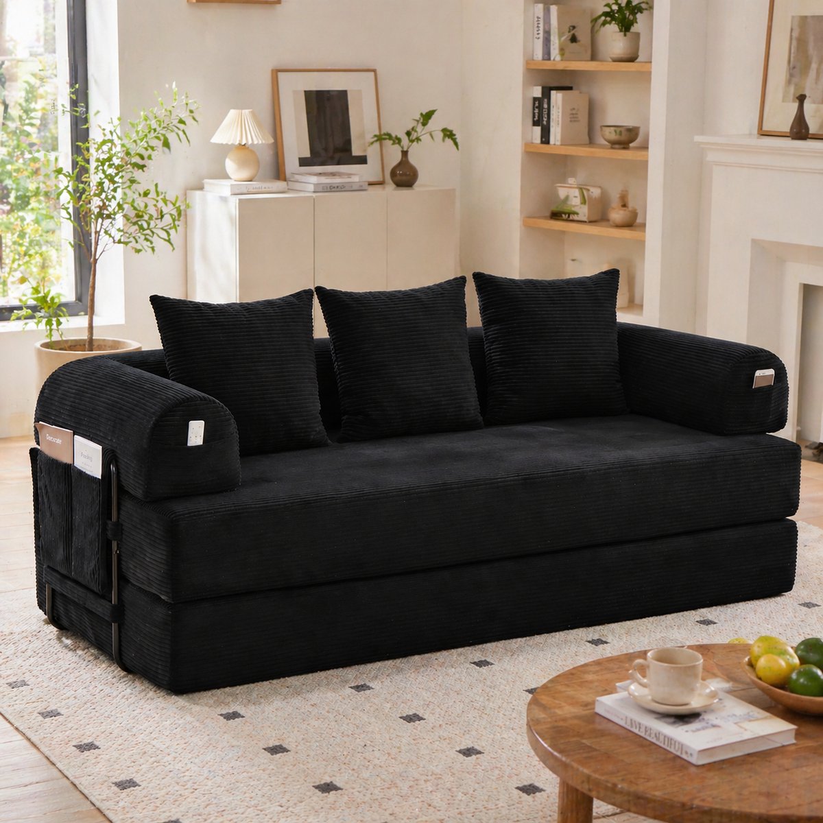 Opvouwbare modulaire stoffen bank met metalen frame - vrij te configureren loungelandschap - 2+ personen - zwart - zijvakken - 3 kussens inbegrepen - compact opvouwbaar