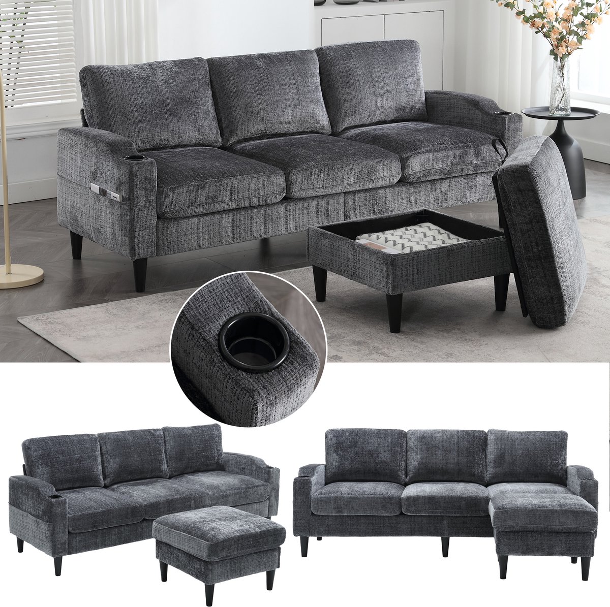 Elegante 4-zits bank met opberghocker - Chenille bekleding - voor 4 personen - diverse kleuren - handige drankhouders en zijvakken in de armleuningen - stevig frame met kunststof voetjes