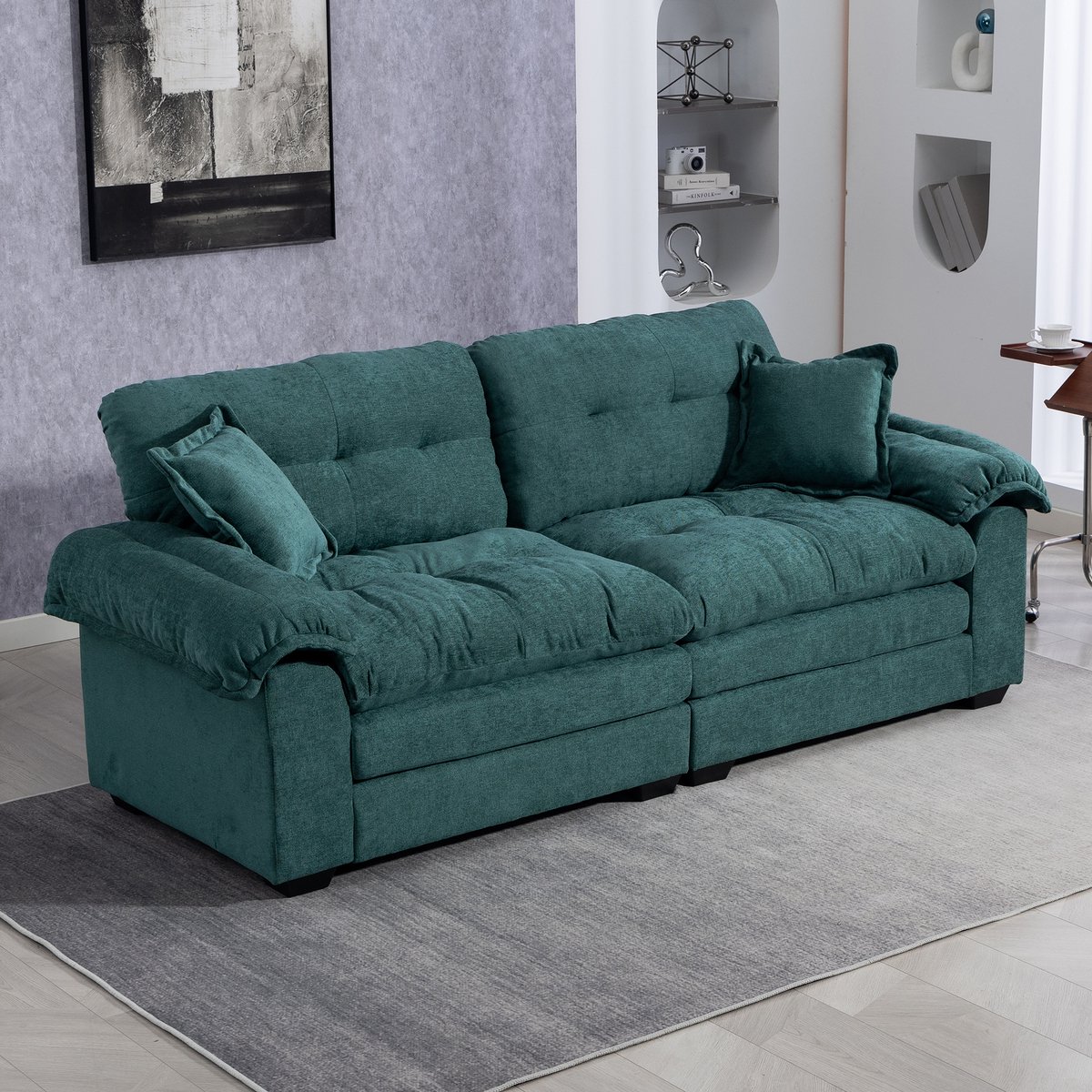 Chenille 2-zitsbank met diepe zit - Geschikt voor kleine woonkamer, appartement en kantoor - 213 cm breed - Crème - Dubbellaags kussen met traagschuim en pocketvering - Inclusief 2 bijpassende kussens
