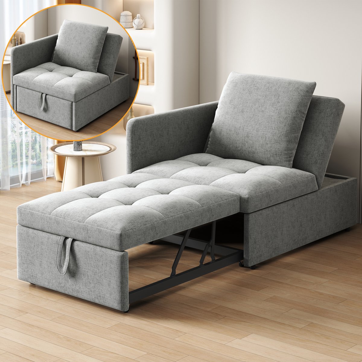 3-in-1 slaapsofa met linnen bekleding - 5-voudig verstelbare rugleuning - 1 persoon - 177x64,5x65 cm - compact voor kleine ruimtes - incl. kussen - draagvermogen 200 kg