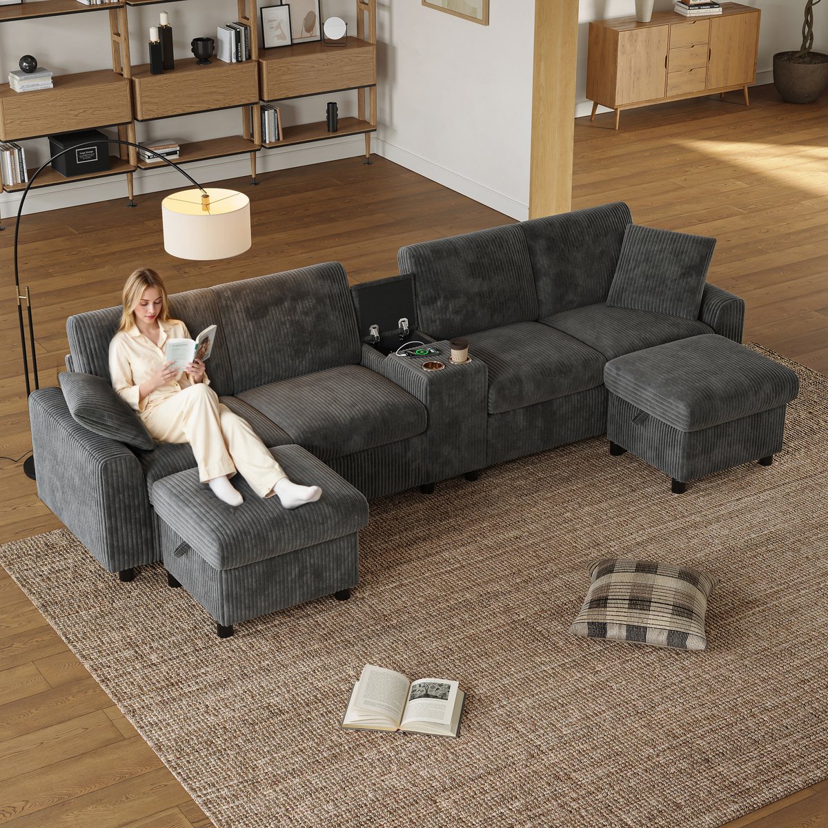 U-vorm corduroy bank met 2 opberghockers en bijzettafel - USB, Type-C en stopcontacten - 315x135x81 cm - grijs - 2 drankhouders - ruime zit voor het hele gezin