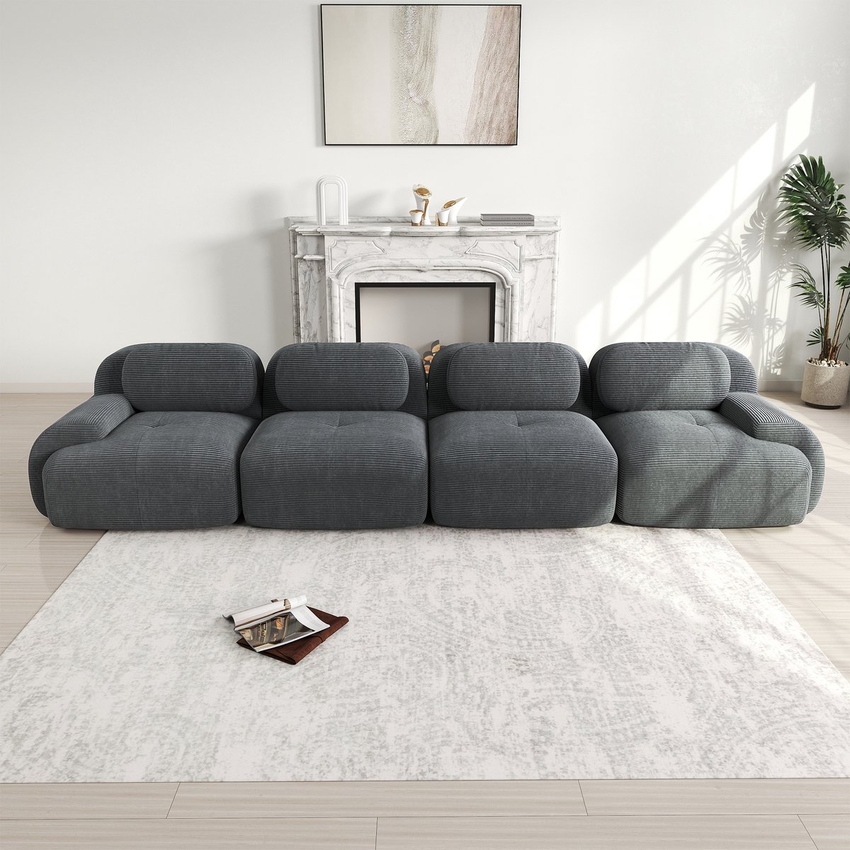 Modulaire 4-zits bank - Woonkamer, slaapkamer en kantoor - Grijs corduroy - 32D hochelastisch schuim - Frameloos, montagevrij - Huisdiervriendelijk en antislip