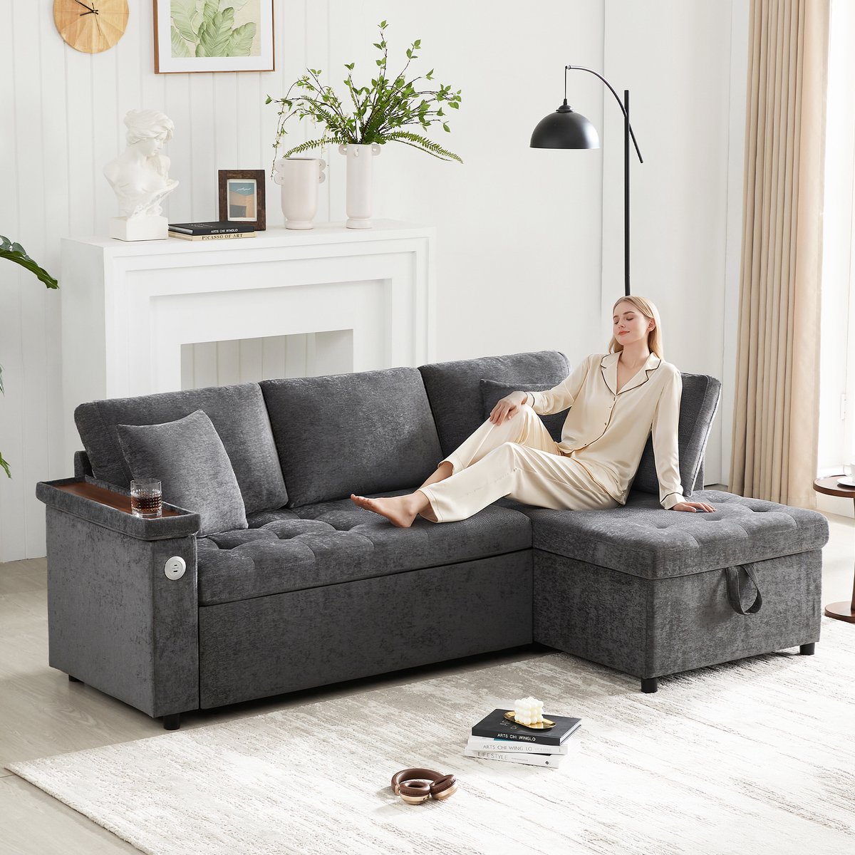 L-vorm slaapbank met uitschuifbaar bed - 3-4 persoons bank, 209x130x84 cm - grijs - chenille bekleding - opbergvak en USB-laadpoort - drankhouders en 2 kussens
