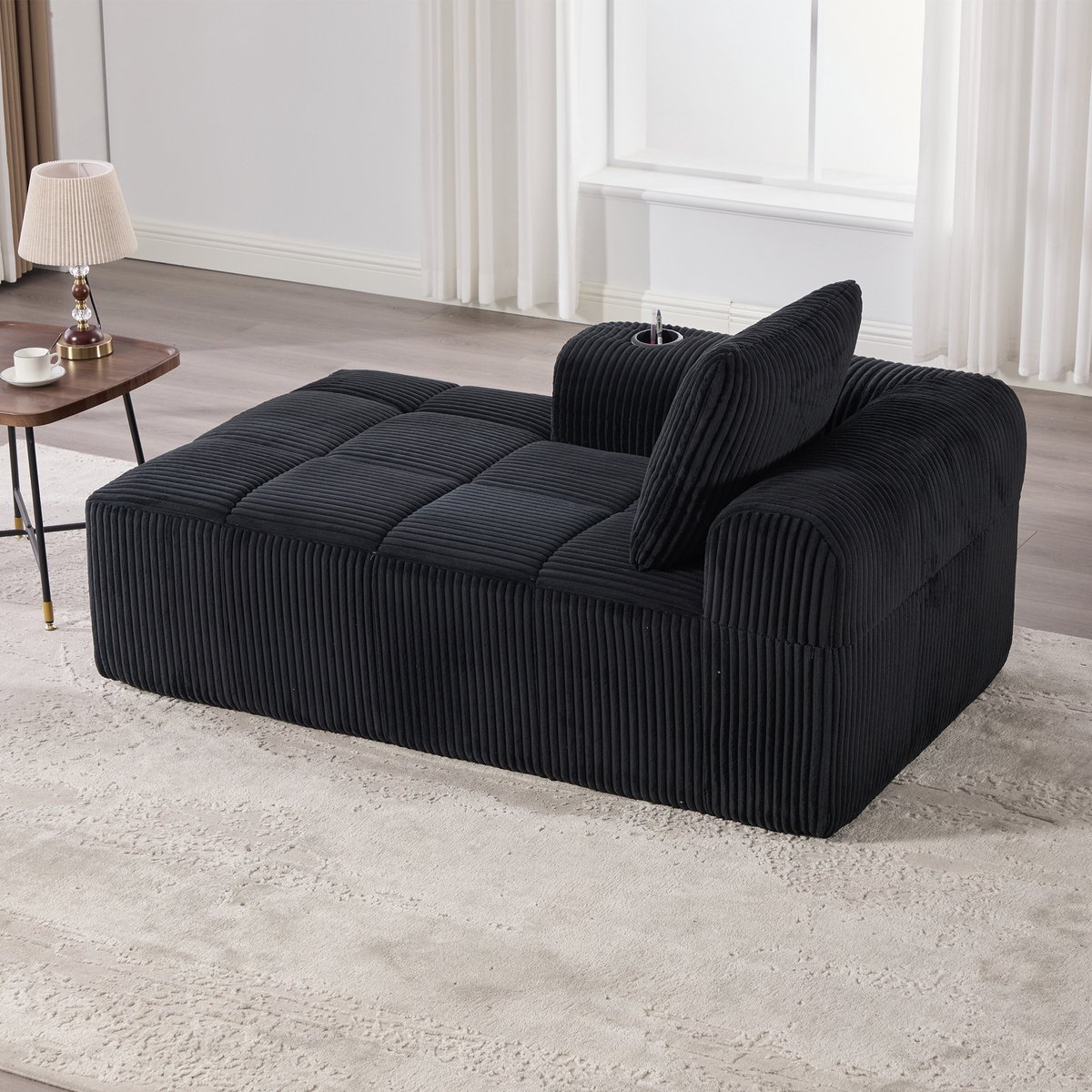 Cord relaxfauteuil met opbergvak en bekerhouder - voor woonkamer, slaapkamer en kantoor - 1-persoons - Grijs - montagevrij, vacuüm verpakt - hoogdicht schuim en veren voor optimaal comfort
