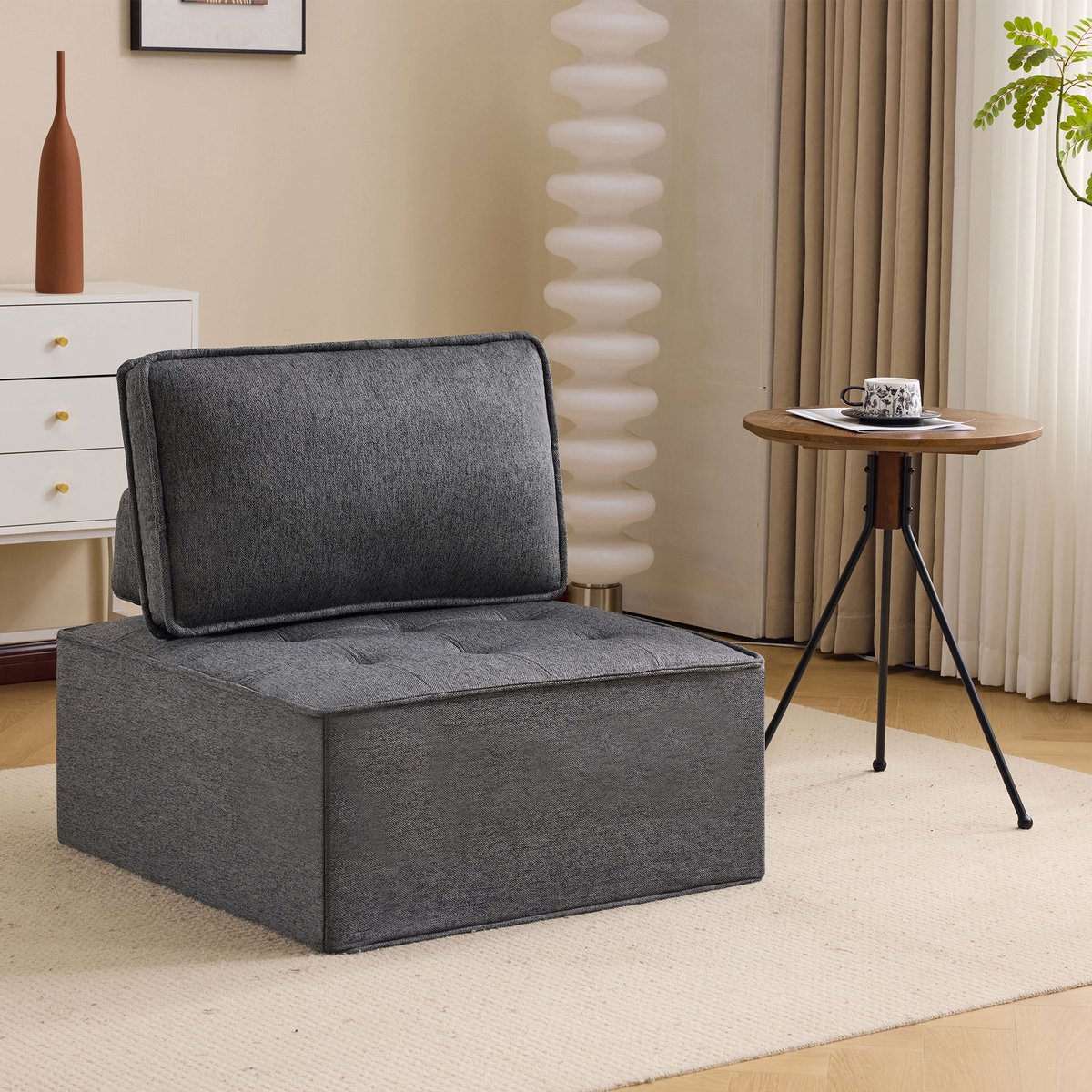 1‑zits fauteuil - voor kleine ruimtes, slaapkamer en kinderkamer - 1‑persoons - Grijs - 100% linnen stof - modulair ontwerp - compact en licht te verplaatsen