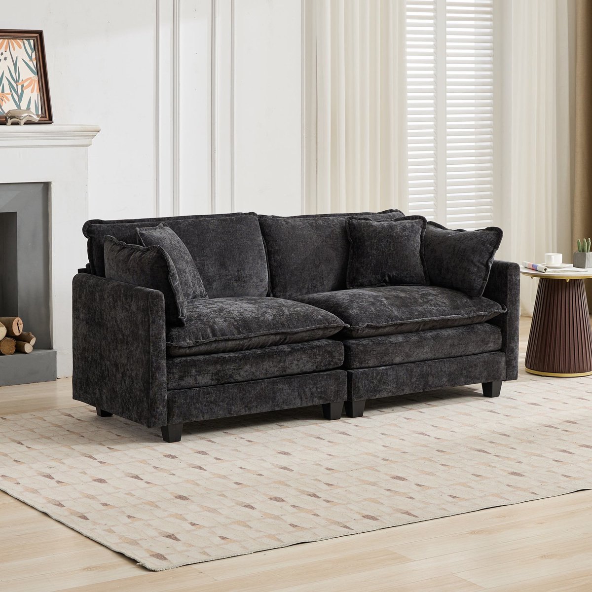 Cloud 2-zitsbank - Modulair design voor woonkamer en appartement - 2 zitplaatsen - Zwart - Ademende chenille bekleding en dubbellaags kussen - Modulair vrij te combineren - Eenvoudige montage in 30 minuten