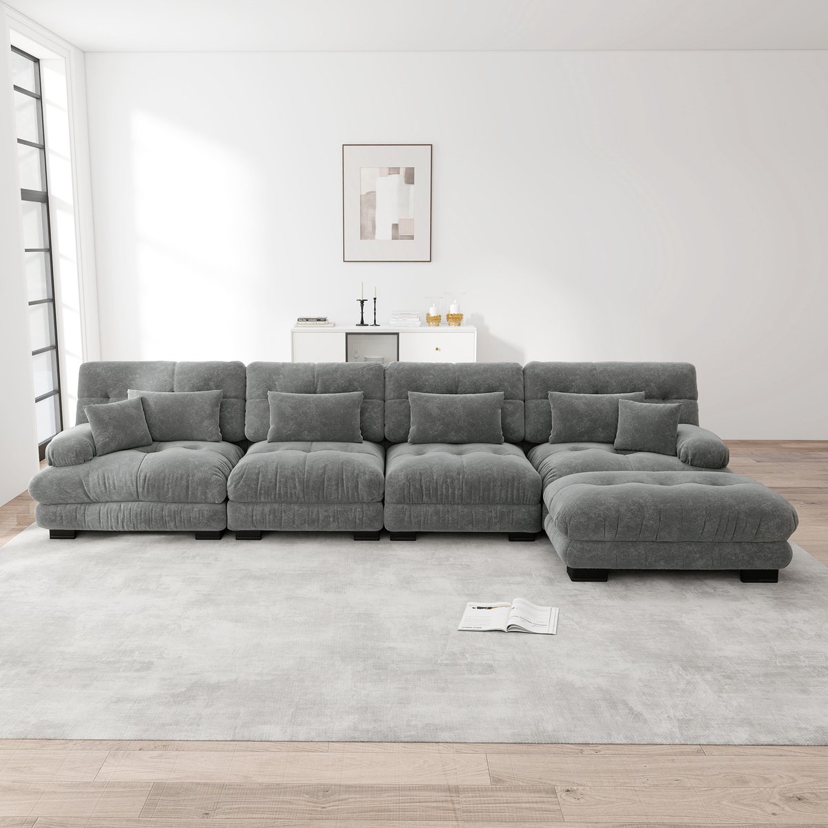 Modulaire hoekbank L-vormig - 4-zits woonkamerbank - Grijs chenille stof - Cloud zitcomfort met diepe zit - Beweegbare ottoman inbegrepen - DIY combinatie - Ronde armleuningen als hoofdkussen