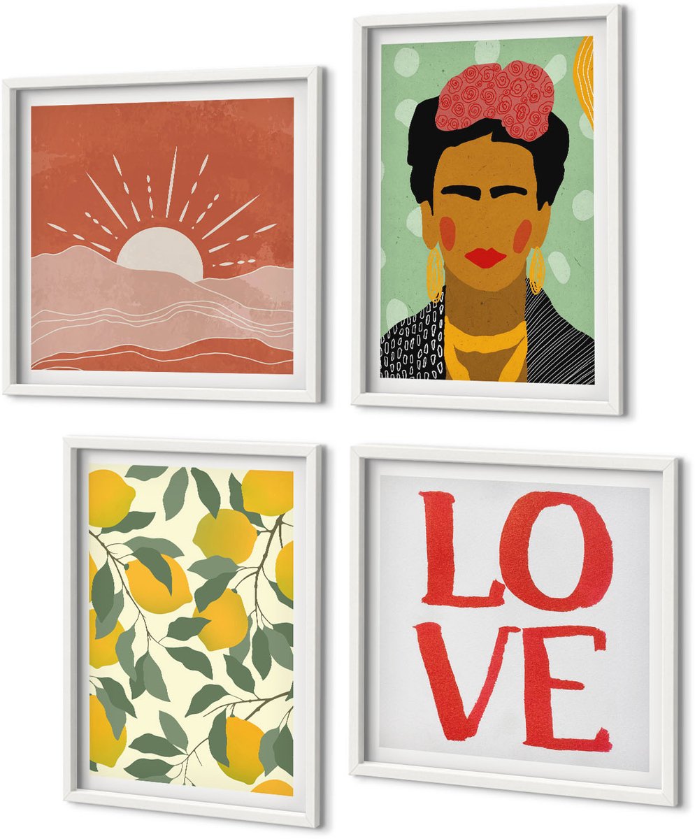 Coloray 4-Delige Schilderij Set - Citroenen Liefde Inscriptie Landschap Portret Van Frida Kahlo - 40 x 40 En 40 x 60 - Muurdecoratie - Wanddecoratie - Slaapkamer - Moderne Wanddecoratie