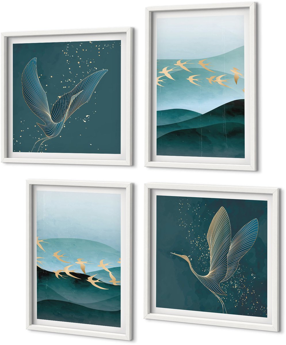 Coloray 4-Delige Schilderij Set - Abstracte Landschappen Met Golven En Vliegende Vogels - 40 x 40 En 40 x 60 - Wanddecoratie - Schilderijen Set - Interieur