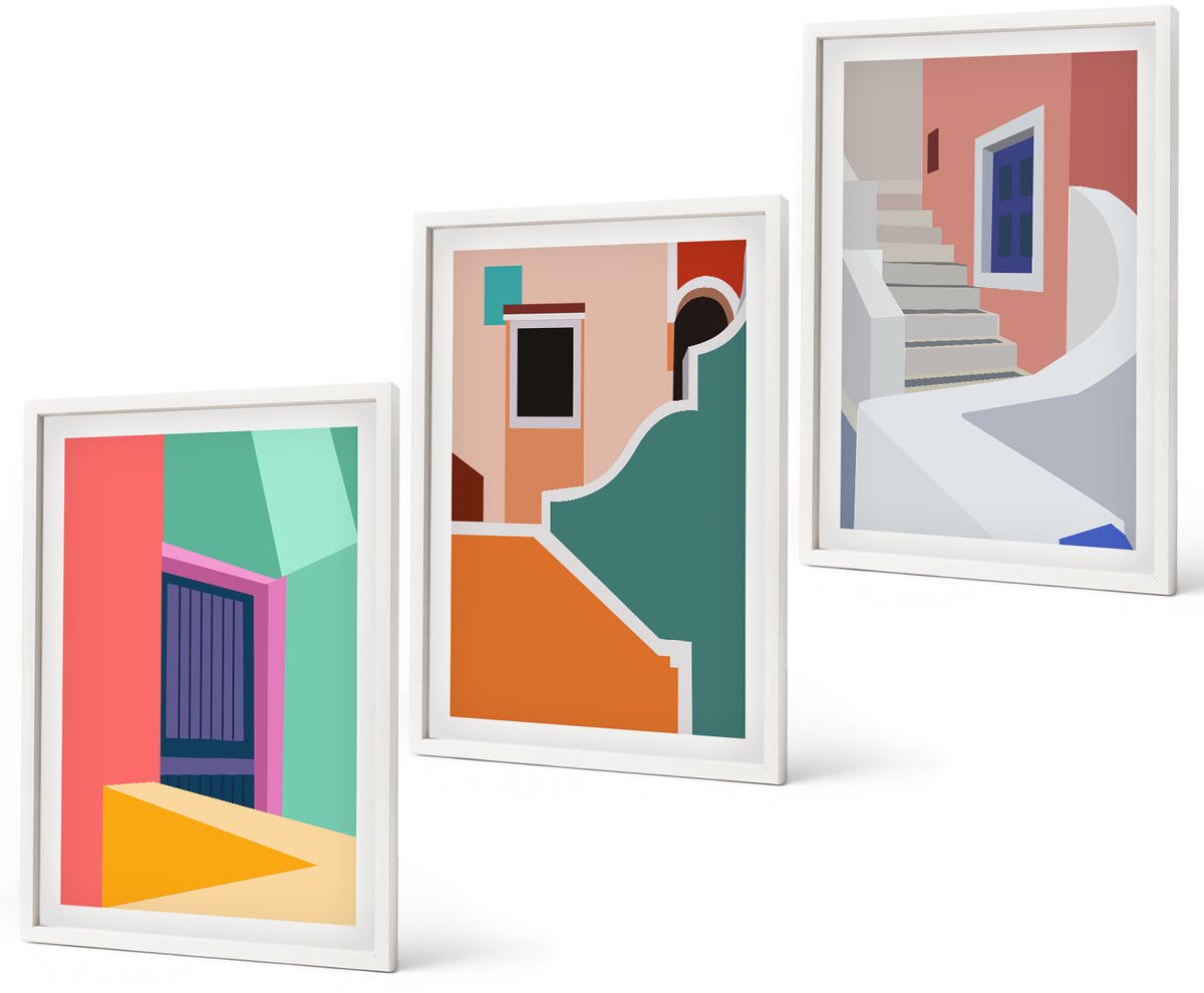 Coloray 3-Delige Schilderij Set - Kleurrijke Illustraties Van Gebouwen In Een Moderne Stijl. - 40 x 60 - Schilderijen Set - Wanddecoratie - Woonkamer - Muurdecoratie