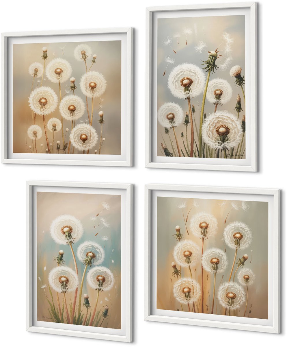 Coloray 4-Delige Schilderij Set - Paardenbloemen Op Een Pastelkleurige Achtergrond - 40 x 40 En 40 x 60 - Stijlvolle Muurdecoratie - Slaapkamer