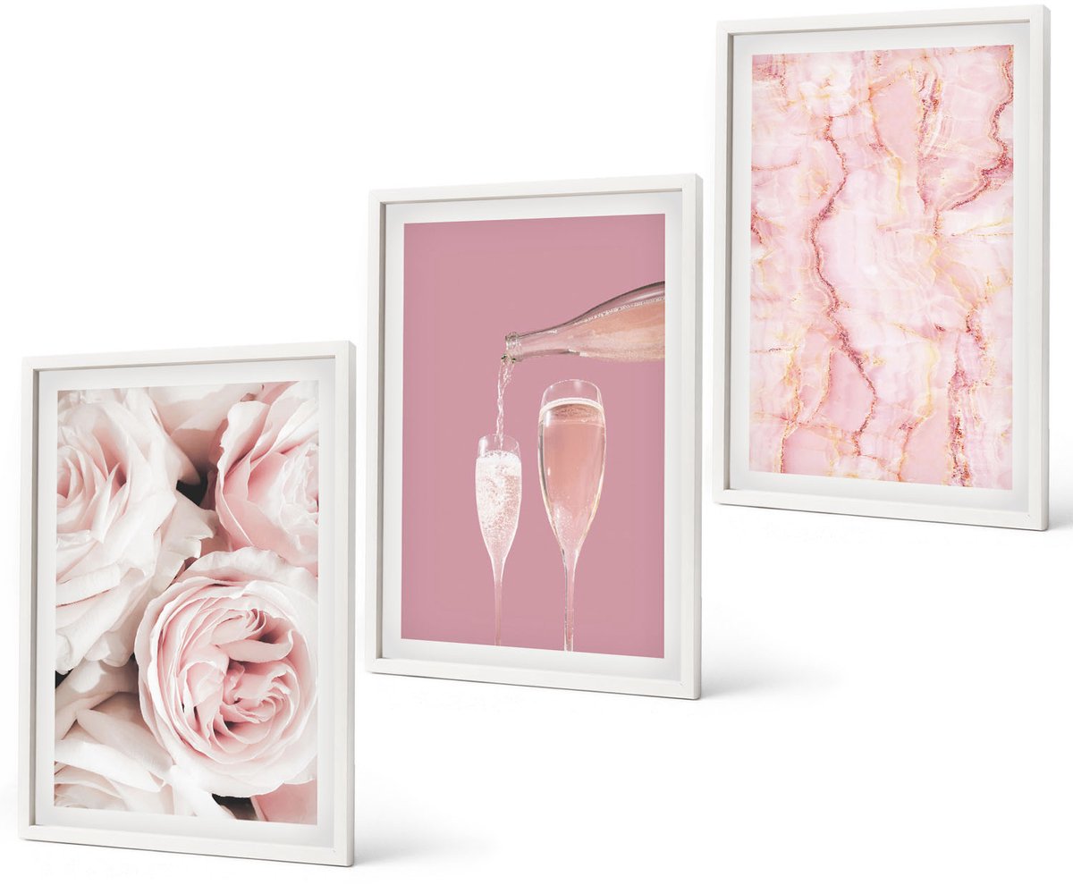 Coloray 3-Delige Schilderij Set - Champagnekleurige Rozen En Een Pastelkleurige Marmeren Achtergrond - 40 x 60 - Wanddecoratie - Schilderijen Set - Kantoor - Moderne Wanddecoratie