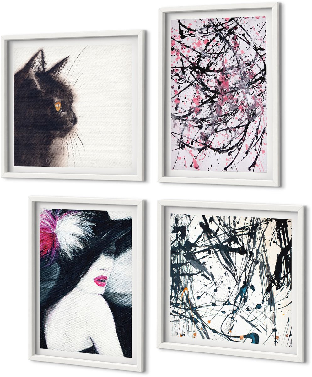 Coloray 4-Delige Schilderij Set - Abstracte Verfpatronen Vrouw Met Hoed Kat - 40 x 40 En 40 x 60 - Muurdecoratie - Decoratieve Schilderijen - Wohnzimmer
